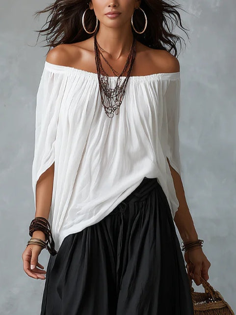 Elijah | Off-the-shoulder white top and loose-fitting lantern trousers set