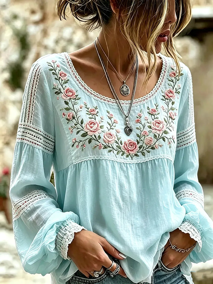 Mireille | Linen Blouse with Rose Embroidery, Square Neckline & Lace Inserts