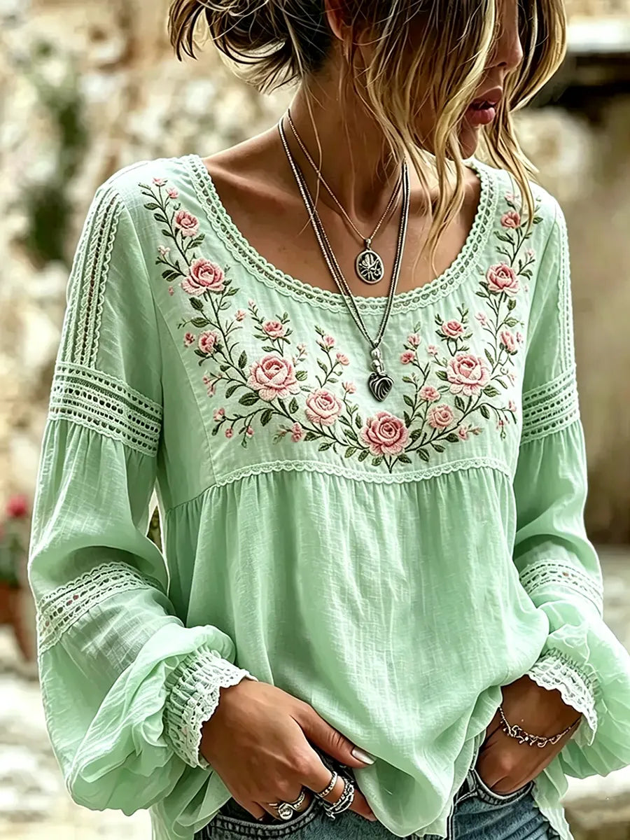 Mireille | Linen Blouse with Rose Embroidery, Square Neckline & Lace Inserts