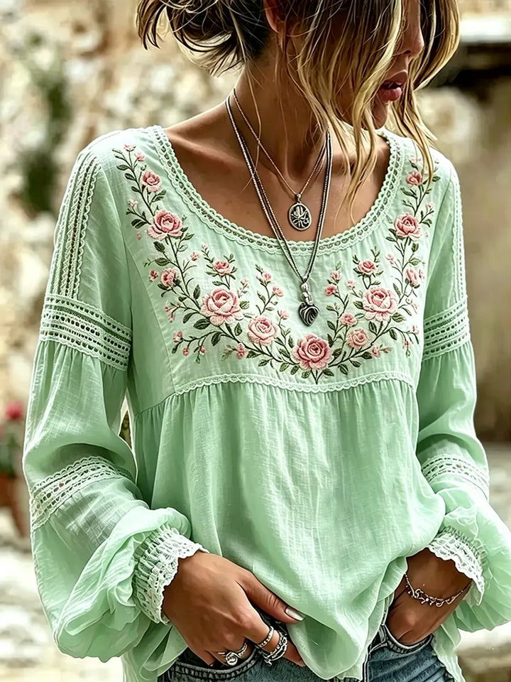 Mireille | Linen Blouse with Rose Embroidery, Square Neckline & Lace Inserts