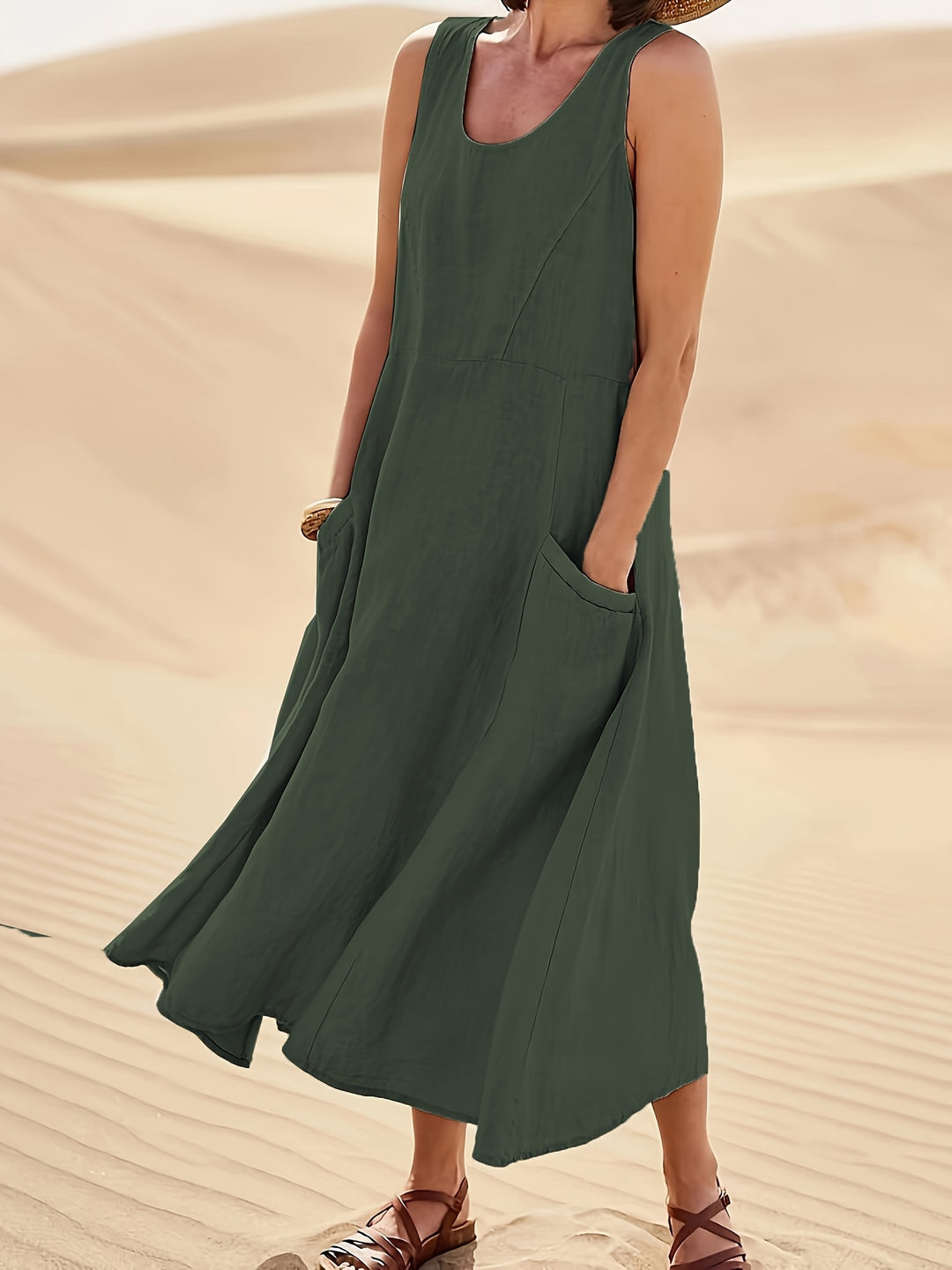 Maisie | Women's 100% Cotton Sleeveless Midi Dress with Pockets