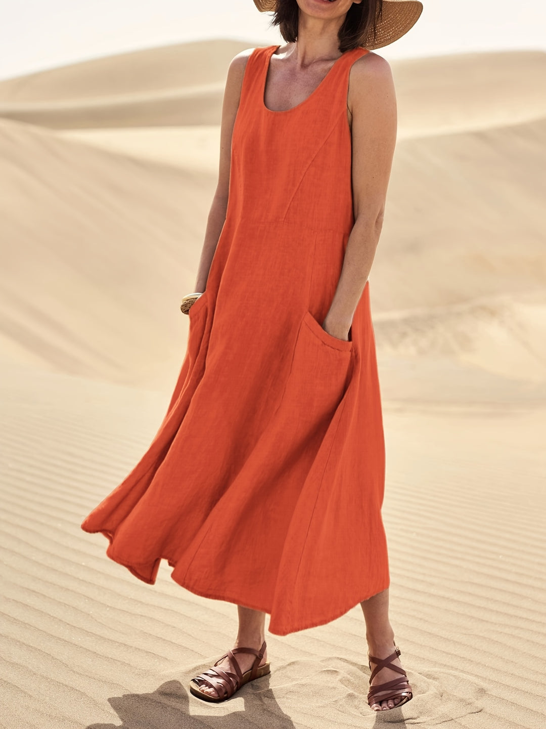 Maisie | Women's 100% Cotton Sleeveless Midi Dress with Pockets