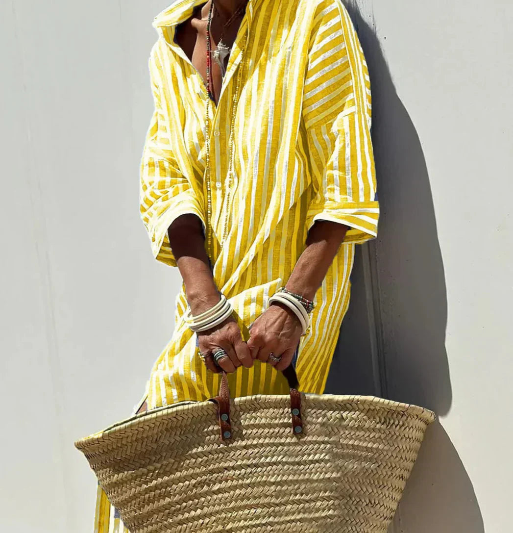 CHRISTINE | STRIPED PRINT DRESS WITH BUTTON CLOSURE AND BELT
