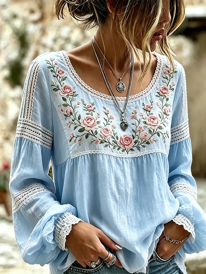 Mireille | Linen Blouse with Rose Embroidery, Square Neckline & Lace Inserts