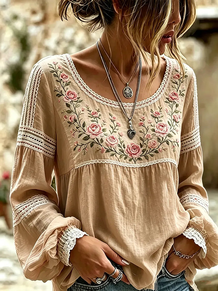 Mireille | Linen Blouse with Rose Embroidery, Square Neckline & Lace Inserts