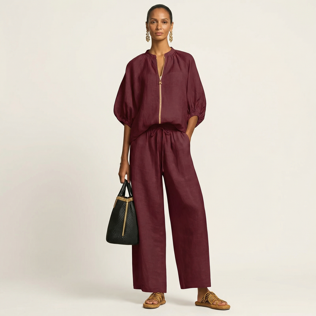 Marlene | Puff Sleeve Two-Piece Set with Front Zip