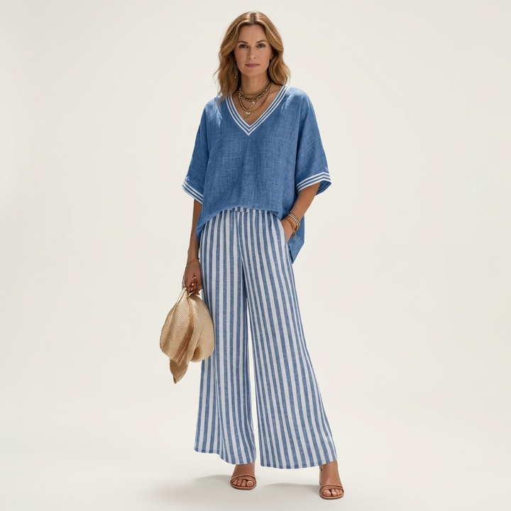 Juliette | V-Neck Top & Striped Trouser Set