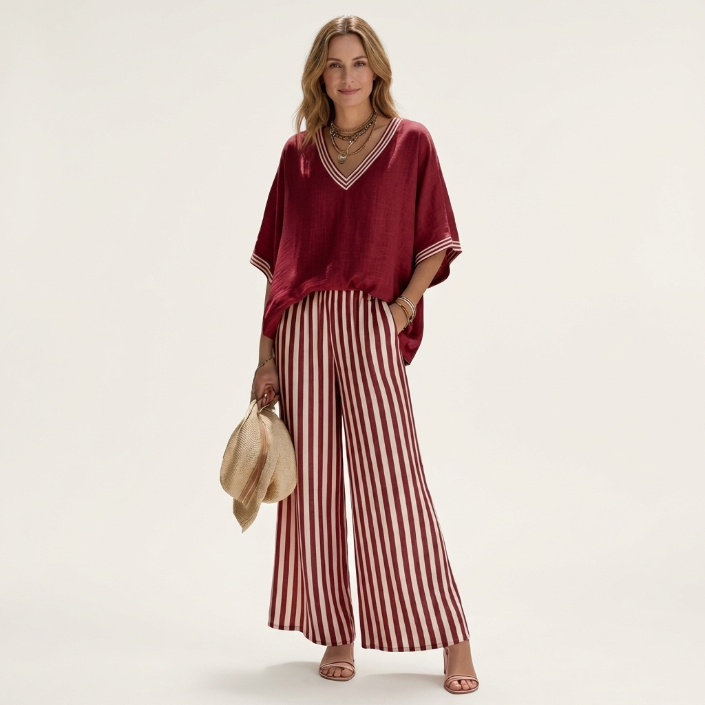 Juliette | V-Neck Top & Striped Trouser Set