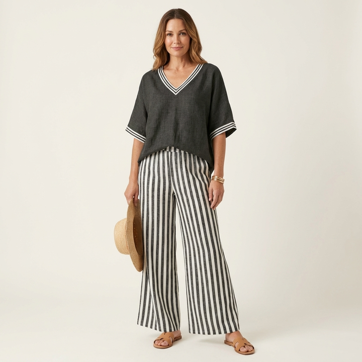 Juliette | V-Neck Top & Striped Trouser Set