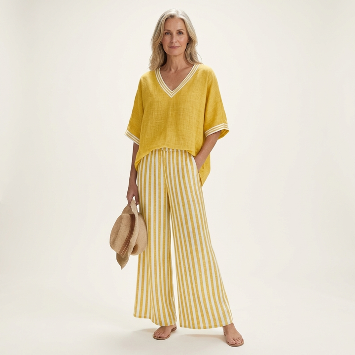 Juliette | V-Neck Top & Striped Trouser Set