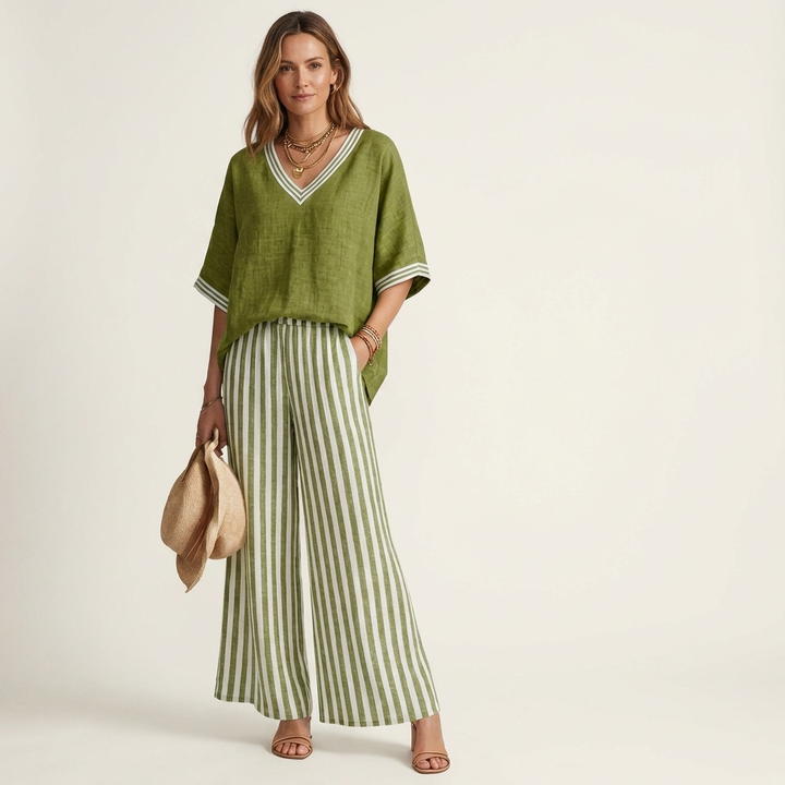 Juliana | V-Ausschnitt Varsity Top & Streifen Weite-Hosen Set