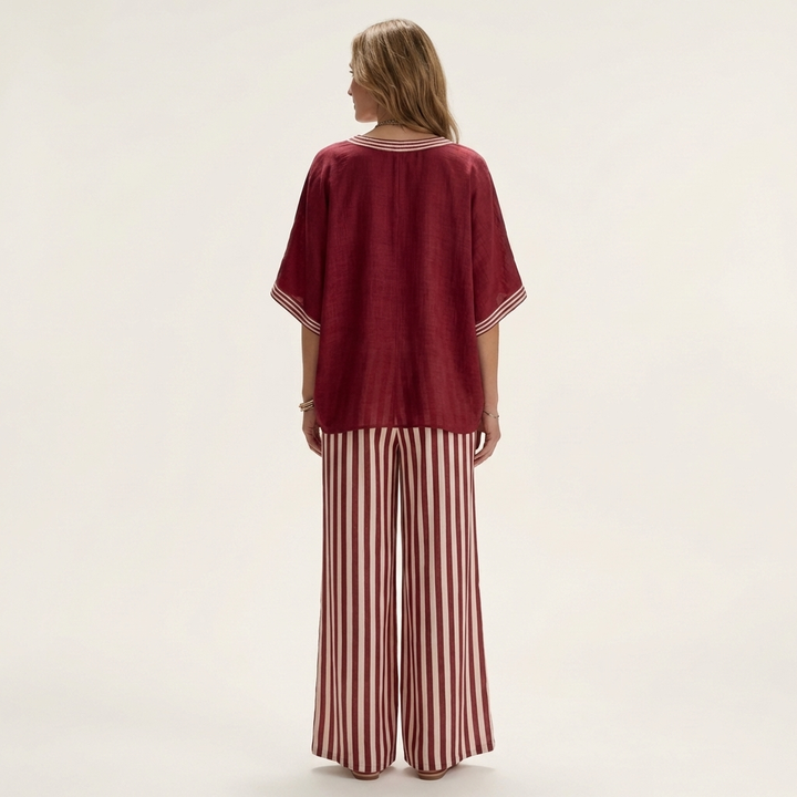 Juliette | V-Neck Top & Striped Trouser Set