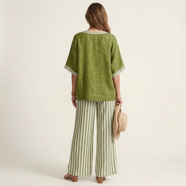 Juliette | V-Neck Top & Striped Trouser Set
