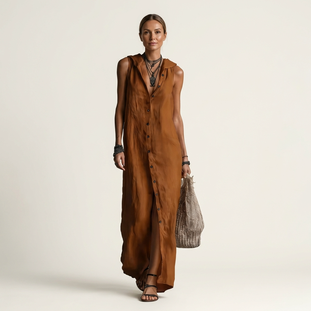 Mirabelle | Sleeveless Hooded Maxi Dress with Button Front