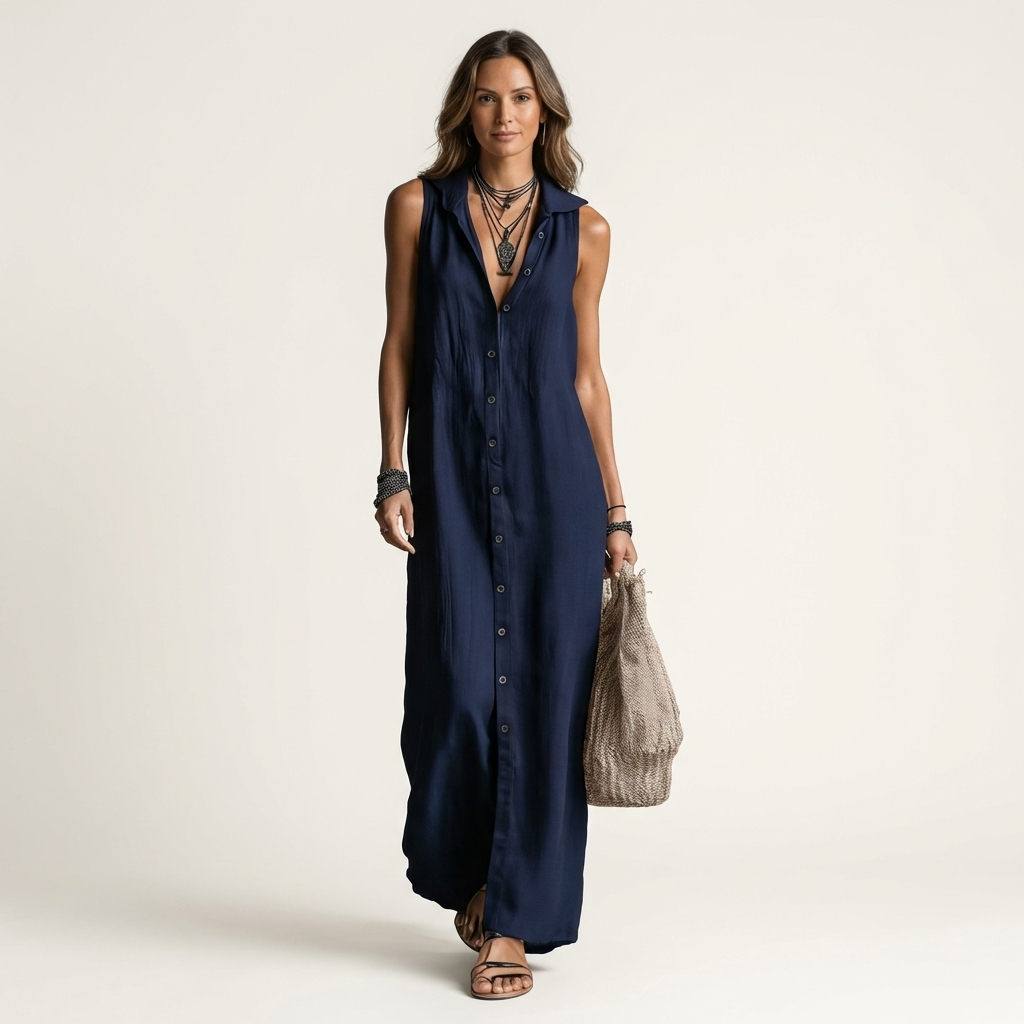Mirabell | Kapuzenloses, ärmelloses Maxikleid mit Knopfleiste