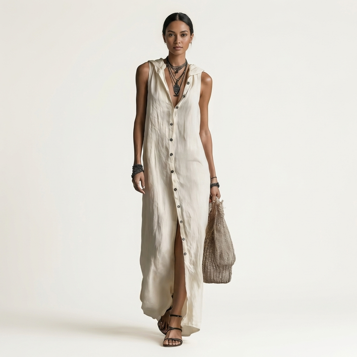 Mirabell | Kapuzenloses, ärmelloses Maxikleid mit Knopfleiste