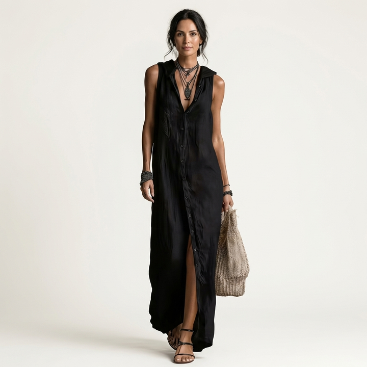 Mirabell | Kapuzenloses, ärmelloses Maxikleid mit Knopfleiste