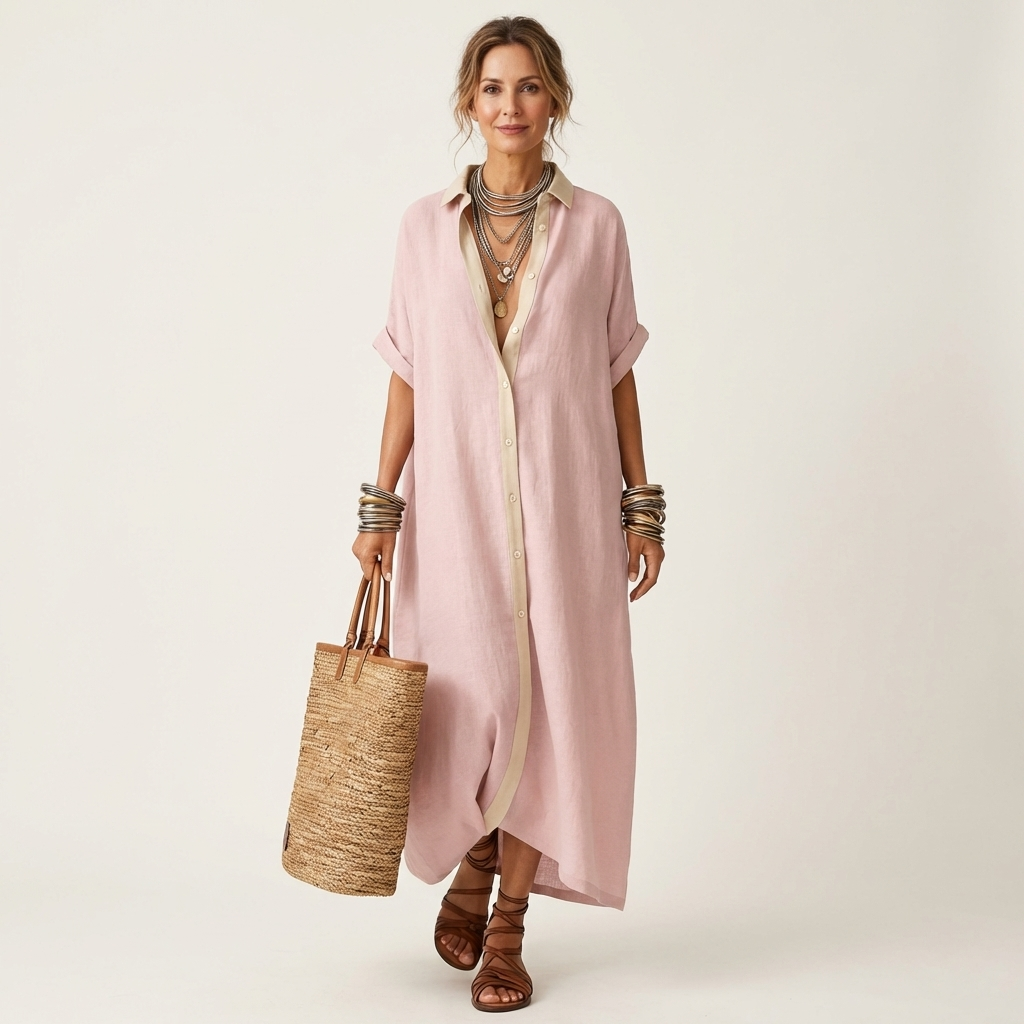 Kamira | Maxikleid mit Kontrastkragen und Knopfleiste in Kurzarm