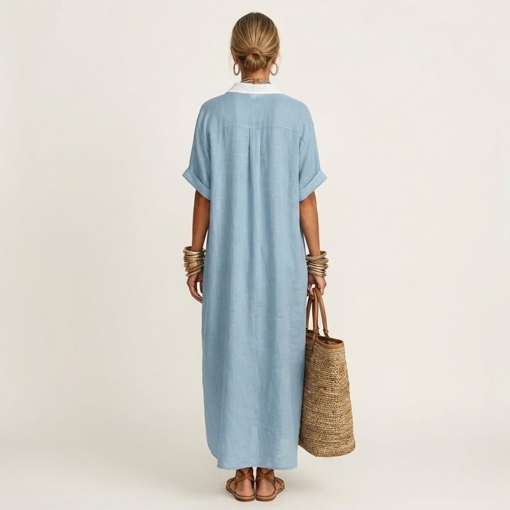 Kamira | Maxikleid mit Kontrastkragen und Knopfleiste in Kurzarm