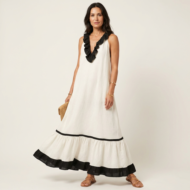 Mayline | Sleeveless maxi dress with a ruffled neckline and contrasting trim