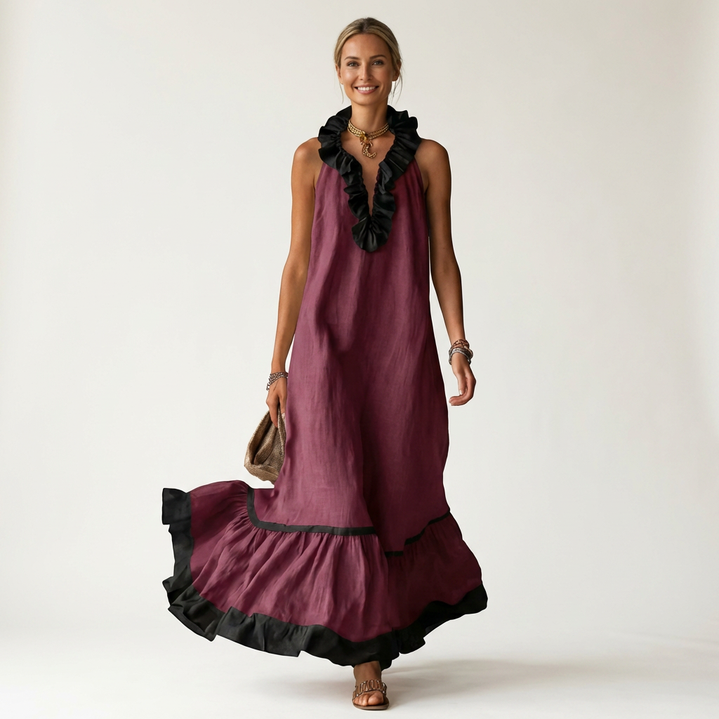 Mayline | Sleeveless maxi dress with a ruffled neckline and contrasting trim
