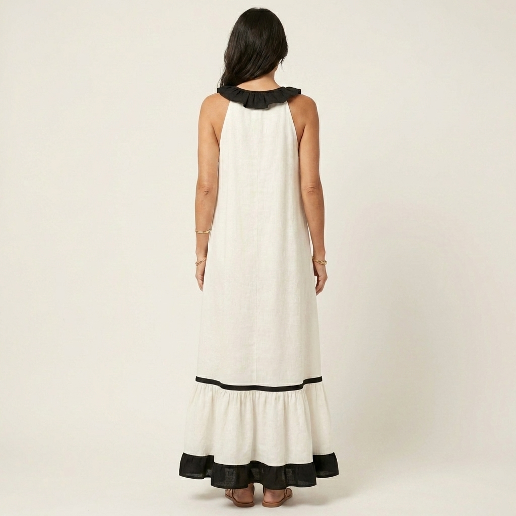 Mayline | Sleeveless maxi dress with a ruffled neckline and contrasting trim