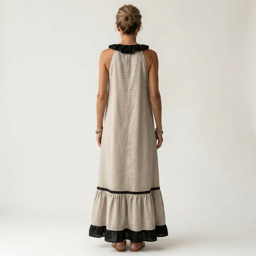 Mayline | Sleeveless maxi dress with a ruffled neckline and contrasting trim