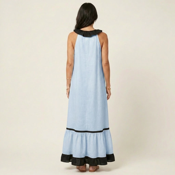 Mayline | Sleeveless maxi dress with a ruffled neckline and contrasting trim