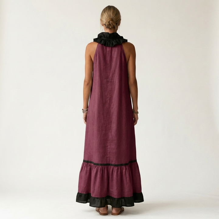Mayline | Sleeveless maxi dress with a ruffled neckline and contrasting trim