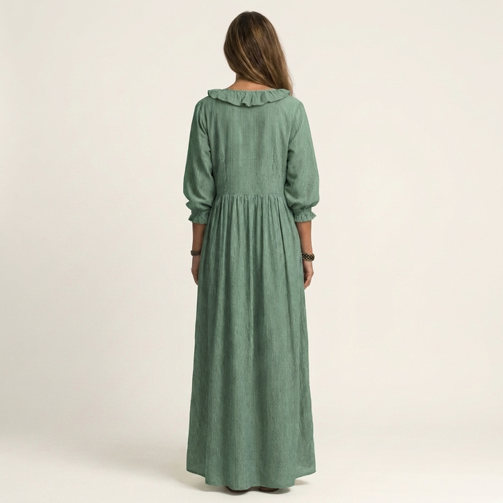 Yosetta | Rüschenschnitt V-Ausschnitt gestreiftes Maxikleid mit Laternenärmeln