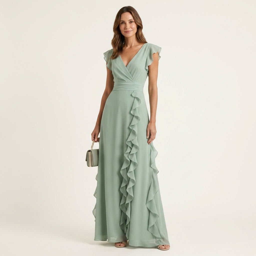 Nellyana | Wickel-Stil V-Ausschnitt Flatterärmel Cascading Ruffle Maxikleid