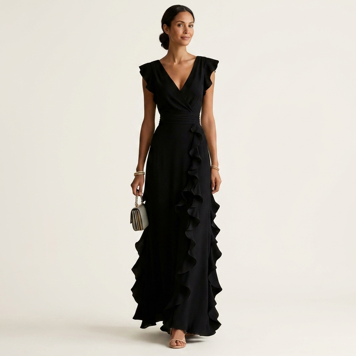 Nellyana | Wickel-Stil V-Ausschnitt Flatterärmel Cascading Ruffle Maxikleid