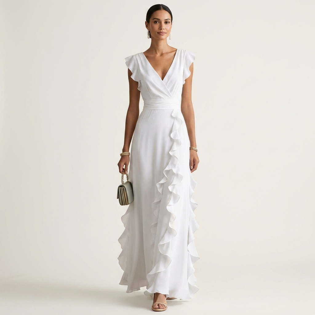 Nellyana | Wickel-Stil V-Ausschnitt Flatterärmel Cascading Ruffle Maxikleid