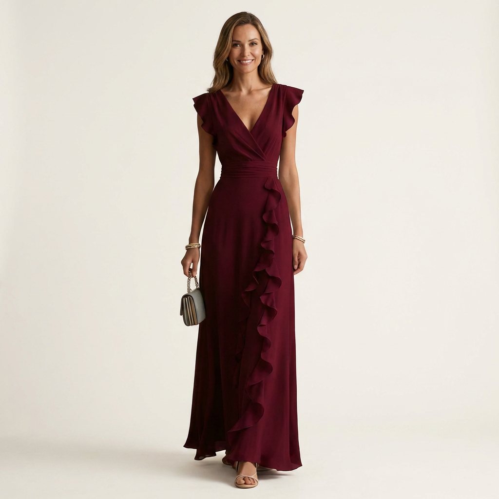 Nellyana | Wickel-Stil V-Ausschnitt Flatterärmel Cascading Ruffle Maxikleid