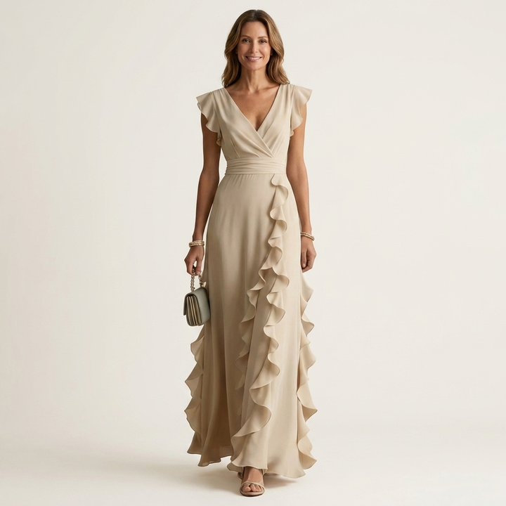 Nellyana | Wickel-Stil V-Ausschnitt Flatterärmel Cascading Ruffle Maxikleid