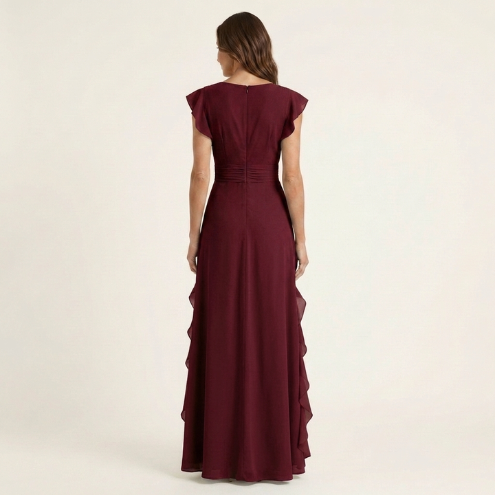 Nellyana | Wickel-Stil V-Ausschnitt Flatterärmel Cascading Ruffle Maxikleid
