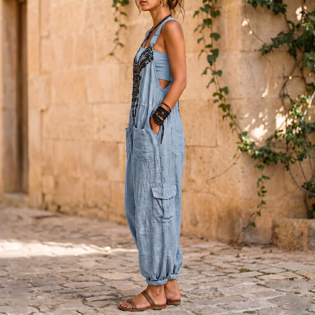 Women's Vintage Ethnic-style Sleeveless V-neck Casual Cotton-linen Jumpsuit