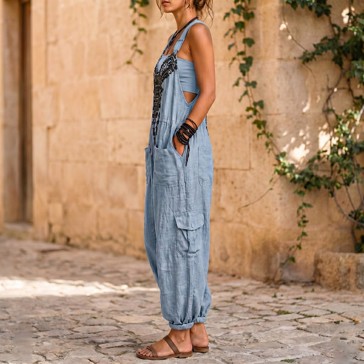 Women's Vintage Ethnic-style Sleeveless V-neck Casual Cotton-linen Jumpsuit