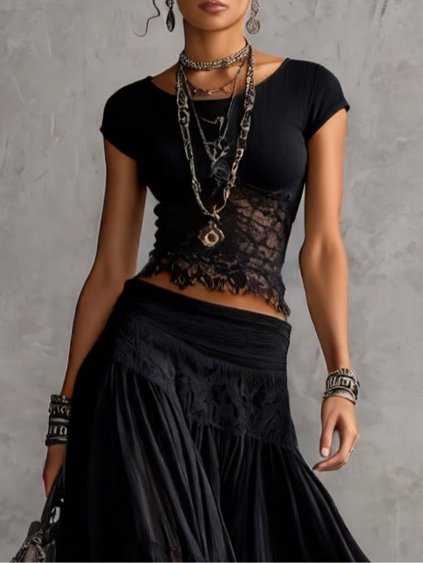 Geneva · Set Consisting of a Top with Black Lace Panels and a Maxi Pleated Skirt