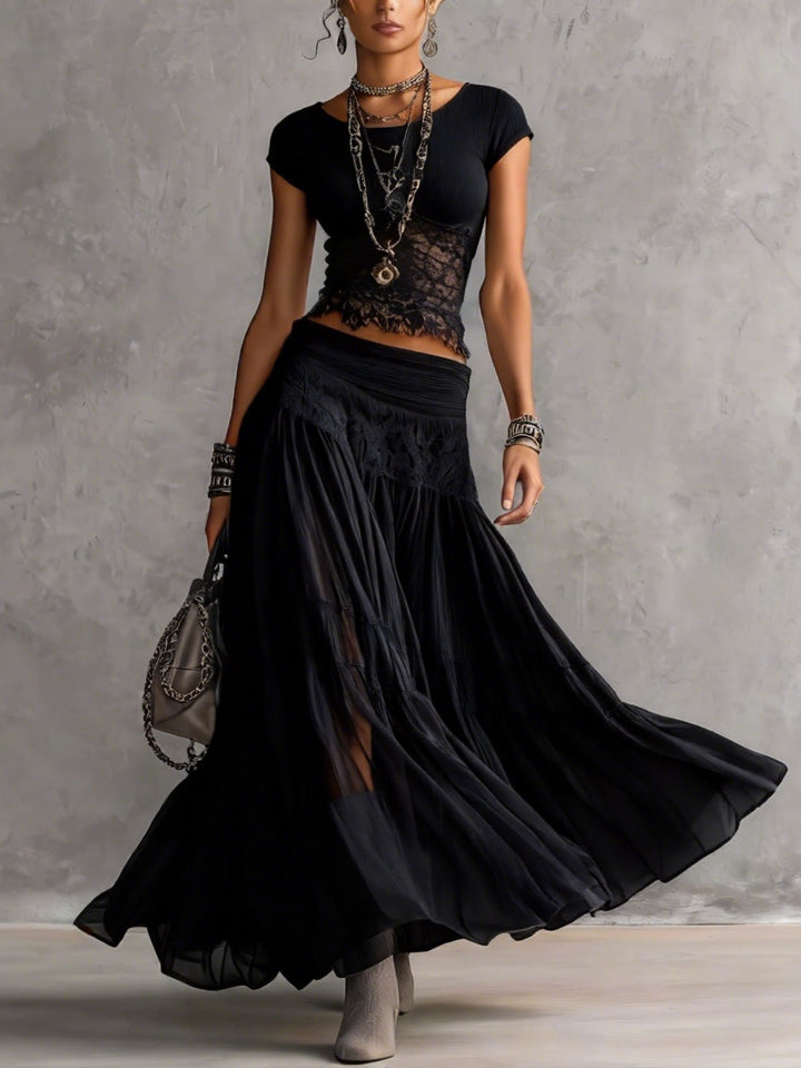 Geneva · Set Consisting of a Top with Black Lace Panels and a Maxi Pleated Skirt
