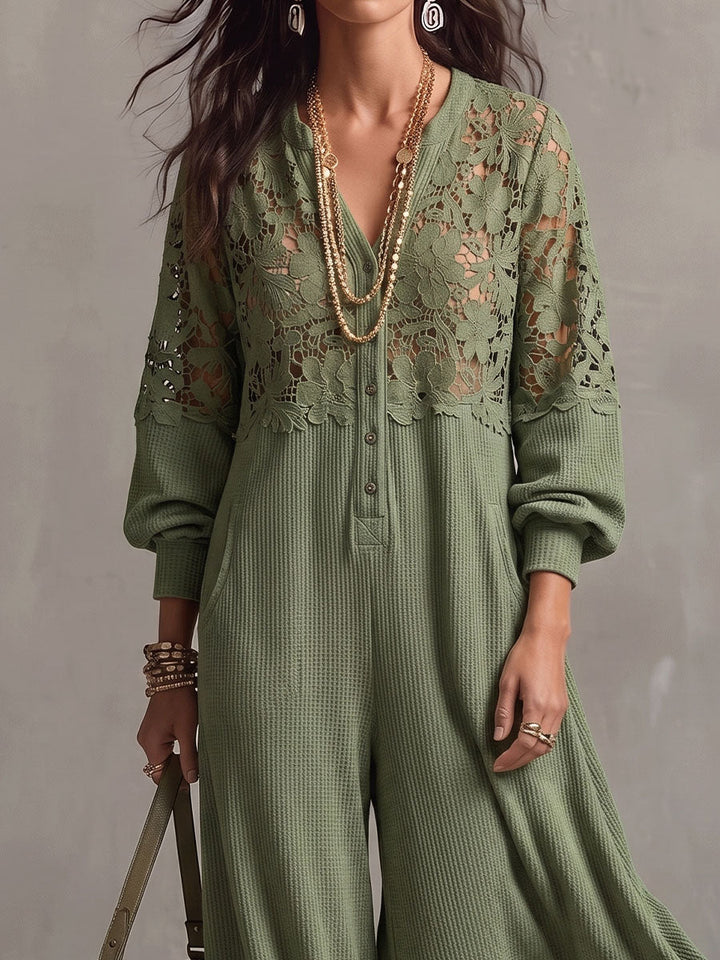 Vintage Elegant Waffle Patchwork Cutout Lace Jumpsuit