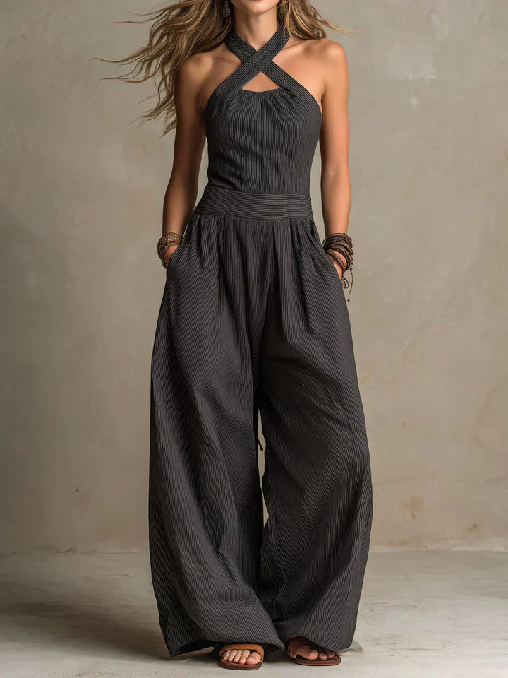 Bianca | Linen and cotton overalls with an elegant crossover neckline
