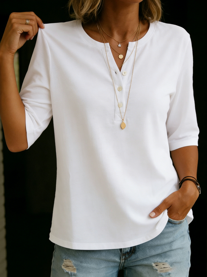Pauline | Button-down Henley Top with 3/4 Sleeves & Relaxed Fit