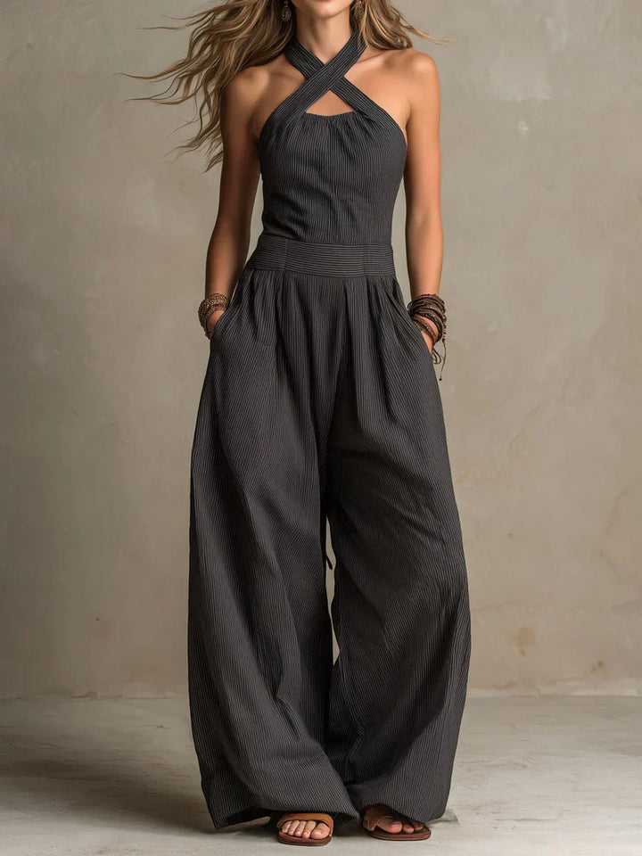 Bianca | Linen and cotton jumpsuit with an elegant crossover neckline