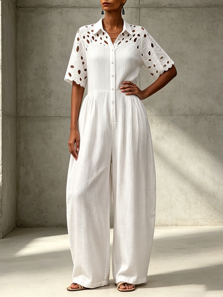 Elegant Vintage Floral Embroidered Patchwork Cotton Jumpsuit