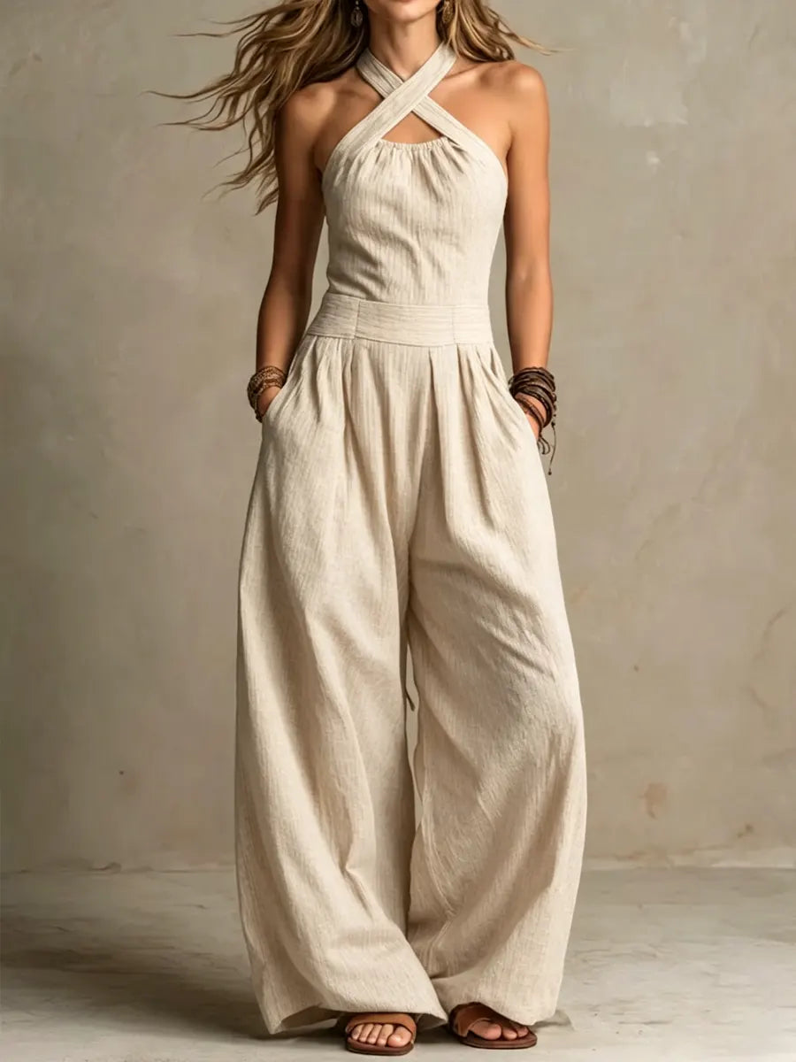 Bianca | Linen and cotton jumpsuit with an elegant crossover neckline