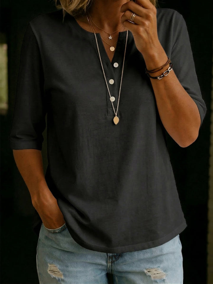 Pauline | Button-down Henley Top with 3/4 Sleeves & Relaxed Fit