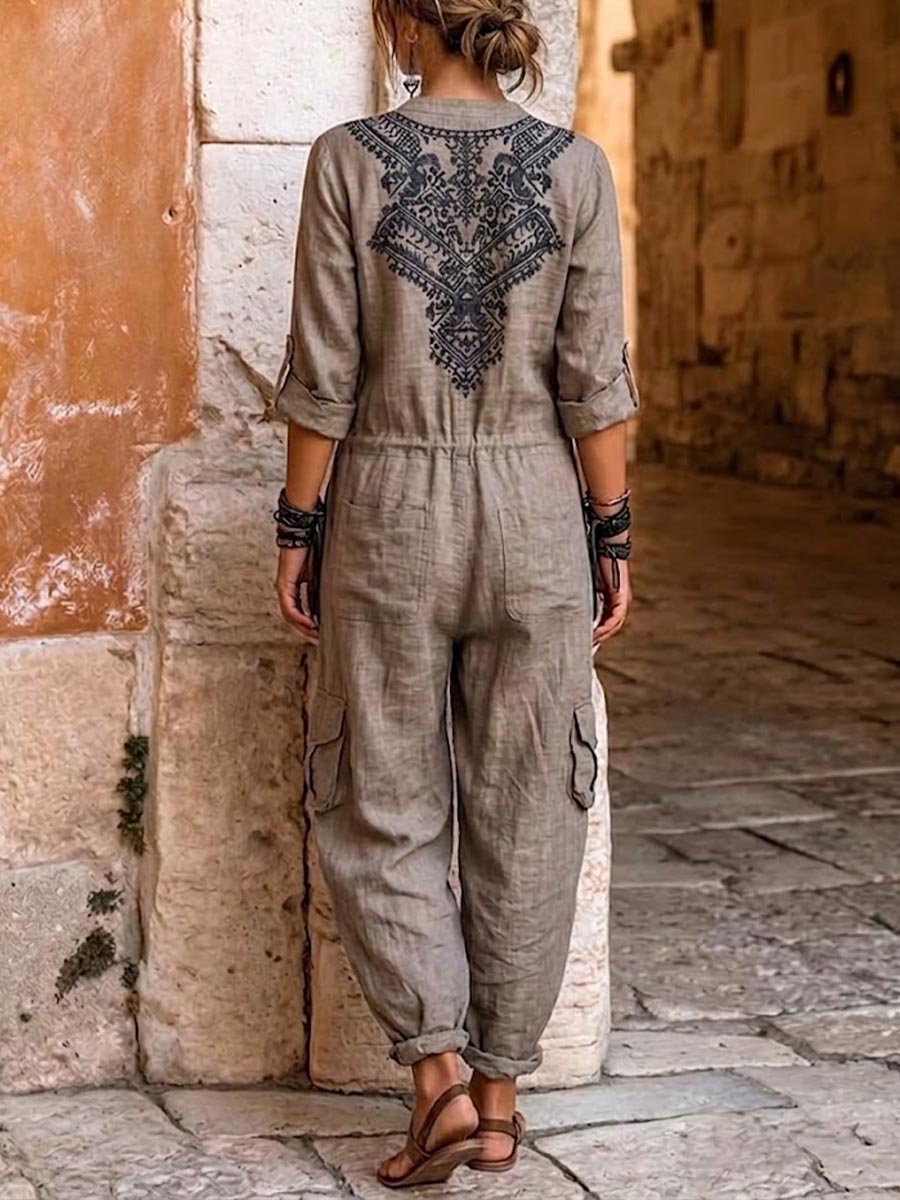 Women's V-neck Long-sleeve Casual Loose Cotton-linen Wide-leg Jumpsuit With Placement Prints