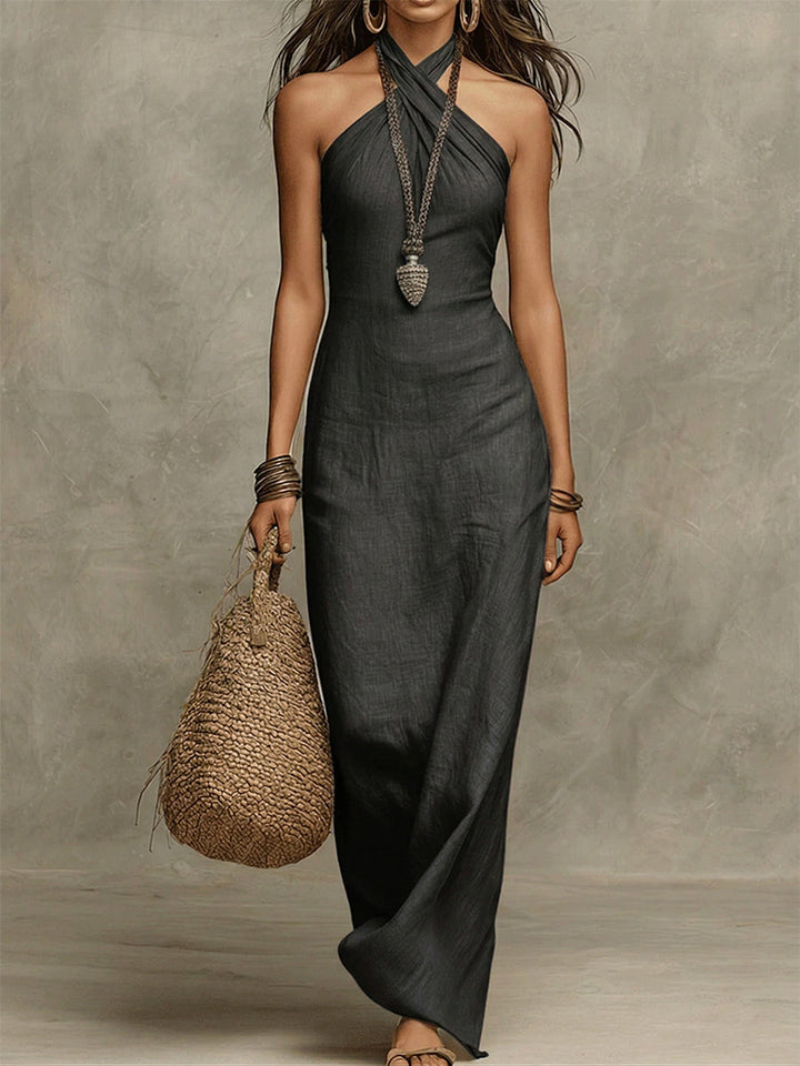 Avelina™ – Flowy maxi dress in cotton and linen, with a Peter Pan collar