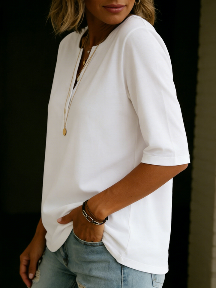 Pauline | Button-down Henley Top with 3/4 Sleeves & Relaxed Fit